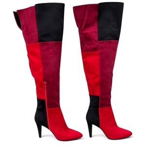 Rialto Patchwork Over-the-Knee Boots Size 7 Red Black Stiletto Colorblock